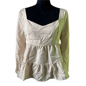 Carly Jean Los Angeles Womens Cream Tan Gingham Check Ruffle Blouse Large NWOT